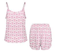 Ahdyr iama da Donna a Quadretti Rosa con Cuori acquerellati, Set da Due Pezzi, Top Corti da casa, Pantaloni Morbidi e Pantaloncini da Viaggio.