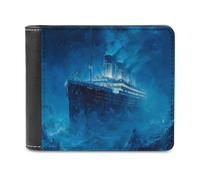 Ahdyr Portafoglio da viaggio sottile in pelle da uomo a due ante con fermasoldi e 6 scomparti per carte di credito, raffigurante la nave a vela Titanic