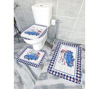 Ahdyr Set di tappeti da bagno in 3 pezzi, Happy 4th of July Memorial Day Truck USA Flag Blue Plaid Pentagram Tappetino di contorno ultra morbido e coperchio per v a a e bagno-