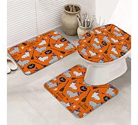 Ahdyr Set di tappeti da bagno in 3 pezzi Happy Halloween Gatto sexy Cappello da strega Scopa Simpatico fantasma Arancione Boo! Tappetino per contorno ultra morbido e coperchio per v a