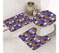 Ahdyr Set di tappeti da bagno in 3 pezzi Tappetino da bagno Happy Halloween Boo! Simpatico cappello da strega gatto nero scopa fantasma viola tappetino contorno ultra morbido e coperchio per v a a