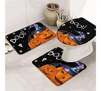 Ahdyr Set di tappeti da bagno in 3 pezzi, tappetino da bagno Happy Halloween Smorfia carina Zucca con cappello da strega Ghost Boo Stars Tappetino di contorno ultra morbido e coperchio per v a a e