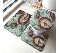 Ahdyr Set di tappetini da bagno Compass Vintage Ocean Sea Bronze l Sailing Map Tappetino da bagno 3 pezzi Tappeto Coprisedile copriwater Tappetino antiscivolo Tappetino antiscivolo