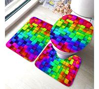 Ahdyr Set di tappetini da con pareti in mattoni colorati Set di tappetini da in 3 pezzi con plaid geometrico arcobaleno 3D, tappeto da bagno+tappeto da a forma di U+da co
