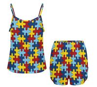 Ahdyr Set iama Vintage per la consapevolezza dell'autismo, Canottiere, Pantaloncini da iama, 2 Pezzi, Canotta Estiva con Spalline Sottili e iama da Viaggio
