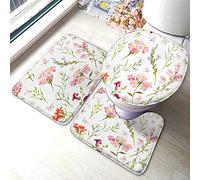 Ahdyr Tappetino da bagno floreale Set di 3 pezzi fiore selvatico pianta botanica foglie primavera rosa verde bianco tappetino da bagno grande tappeto coprisedile copriwater tappetino antiscivol