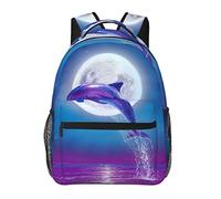 Ahdyr Uomo Donna Poliestere resistente Delfino che salta al chiaro di luna Viola Blu Art Daypack Borsa a tracolla di grande capacità con spallacci regolabili per campeggio Viaggi Camminare Ciclismo