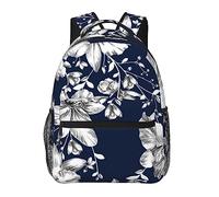 Ahdyr Uomo Donna Poliestere resistente Fiore bianco Primavera Modello blu Zainetto Borsa a tracolla di grande capacità con spallacci regolabili per il campeggio Viaggiare a piedi in bicicletta
