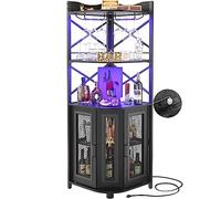 Aheaplus Armadietto angolare da bar con presa di corrente, armadietto industriale per vino con striscia LED e supporto per vetro, armadietto per liquori a 5 ripiani, per casa, vetrine angolari per