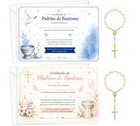 AHEJIOO Set di 8 regali per padrino di battesimo, 2 certificati di madrina e padrino con buste, 2 rosari di perle e sacchetti in organza, ricordi per battesimo, proposta che vuoi essere mia madrina e