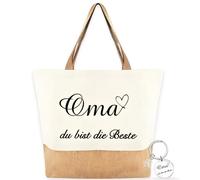 AHEJIOO Set regalo per la nonna - Borsa in iuta "Nonna Du Bist Die Beste" con portachiavi, pratica borsa per la spesa, grande per la nonna, regalo di compleanno, compleanno della nonna, festa della