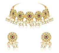 Aheli - Collana girocollo da donna con orecchini in stile indiano tradizionale Bollywood rosa lavorato a mano Meenakari smaltata e Ottone, regolabile, colore: Crema 3.