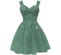 AHERKLL 3D Floreale Abiti da Damigella d'onore per Juniors Spaghetti Strap Tulle Sera Cocktail Party Maxi Abito Mini Lunghezza HAH041, Salvia polverosa., 44