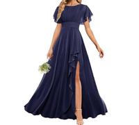 AHERKLL Abiti da damigella d'onore a maniche corte per matrimonio in chiffon increspato formale abito da sera con fessura HAH053, blu navy, 60 Più