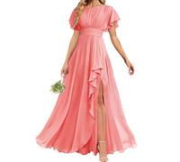 AHERKLL Abiti da damigella d'onore a maniche corte per matrimonio in chiffon increspato formale abito da sera con fessura HAH053, Corallo, 64 Più