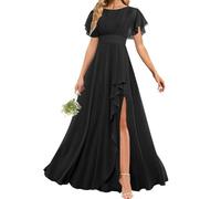 AHERKLL Abiti da damigella d'onore a maniche corte per matrimonio in chiffon increspato formale abito da sera con fessura HAH053, Nero , 48