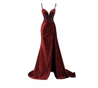 AHERKLL Abito da damigella d'onore in raso da donna per matrimonio con fessura abiti da ballo pieghettati abiti da cocktail taglie forti HAH010, Borgogna, 54 Più