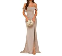AHERKLL Abito da damigella d'onore in raso da donna per matrimonio con fessura abiti da ballo pieghettati abiti da cocktail taglie forti HAH009, Tortora, 52 Più