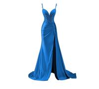 AHERKLL Abito da damigella d'onore in raso da donna per matrimonio con fessura abiti da ballo pieghettati abiti da cocktail taglie forti HAH010, Blu oceano, 52 Più