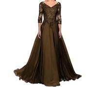 AHERKLL Applique in pizzo Madre della Sposa Abiti Off Spalla Sera Formale Festa Nonna Abiti Lunghi HAH042, Marrone, 24 Più