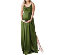 AHERKLL Spaghetti Strap Abito Premaman per Photoshoot con Split Satin di Seta Abiti di Gravidanza Lungo Baby Shower Dress ZM023, Verde oliva, 48