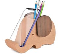 AhfuLife Elefante in Legno Porta Cellulare/Supporto con Penna e Matita Holder/Vaso, Decorazione Scrivania Multifunzionale Forniture Organizer (Penna a forma di elefante)