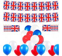 AhfuLife Set di 30 bandierine britanniche con bandiera inglese, 10 m, 10 bandierine con bandiera Union Jack e 30 palloncini rossi bianchi e blu per decorazioni per feste regina del platino 2022 VE Day