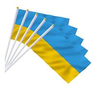 AhfuLife Ucraina Piccole Bandiere su Bastoni, 100pcs, 14 × 21 cm Tenuto a Mano Doppio Lato Tessuto Ucraina Mini Bandiere con 30cm Palo Bianco per la Coppa del Mondo, la Calcio European Supporto