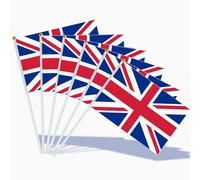 AhfuLife Union Jack Stick Bandiera, 100pcs, 14 × 21 cm Mano Britannica Piccole Bandiere con 30 cm per Celebrazioni Platinum, BBQ Eventi Reali, Coppa del Mondo, Decorazione Del Partito