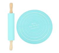 Ahgsup Set Mattarello e Tappetino per Impastare in Silicone Set Tappetino per Mattarello Antiaderente con Silicone e Faggio per Biscotti Pasta Pane Pizza (Blu)
