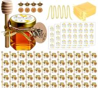 Ahhute 60 Pack 1.5 oz esagonale vasetti di vetro miele con Dippers di legno, ciondoli di api, sacchetti regalo, biglietti di ringraziamento- Perfetto per baby shower, nozze e bomboniere di festa