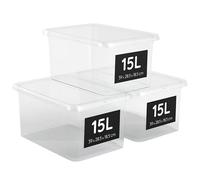 AHIOVA Scatole Plastica Grandi 15L con Coperchio Set 3 Portaoggetti Impilabili 100% Trasparenti Click Pressione 39x28,5x18,8cm Armadio Scarpe Ripostiglio Senza BPA Prodotte Europa