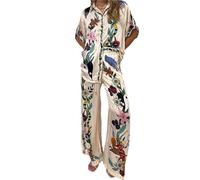 AHQCBWG Abiti estivi da donna in 2 pezzi oversize con stampa floreale camicie abbottonate e pantaloni a gamba larga fluidi set abbinati abbigliamento da spiaggia vacanze, Albicocca, S