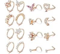 AHTCPO 16 Pezzi Anelli per Il Naso A Forma di Cuore, Stella, Farfalla, Fiori, Zirconi, Piercing Corpo, Tono Argento, Setto Orecchino 316l(Rose gold)