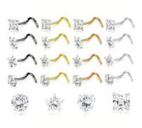 AHTCPO 16 Pezzi Anelli per Il Naso A Forma di S con Cuore, Stella, Quadrato, Rotondo, Zirconia Cubica, Piercing Corpo, Tono Argento, Setto Orecchino In Acciaio 316l