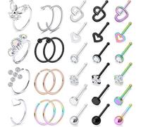 AHTCPO 30 Pezzi Anelli per Il Naso A Forma con Cuore, Stella, Quadrato, Rotondo, Zirconia Cubica, Piercing Corpo, Tono Argento, Setto Orecchino In Acciaio 316l(S)