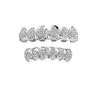 AHTCPO Grillz a Cuori di Poker per Denti, Ottone Placcato Oro 18K con Zirconia Cubica, per Uomini e Donne, Hip-Hop Cosplay(Silver)
