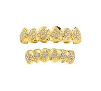 AHTCPO Grillz a Cuori di Poker per Denti, Ottone Placcato Oro 18K con Zirconia Cubica, per Uomini e Donne, Hip-Hop Cosplay(Gold)