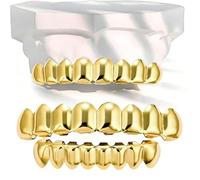 AHTCPO Grillz Denti Placcati Oro 18K, 8 Superiori e Inferiori, Lucidi Piani, Cappucci Boccali per Rapper, Feste Cosplay Unisex(Gold)