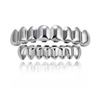 AHTCPO Grillz Denti Placcati Oro 18K, 8 Superiori e Inferiori, Lucidi Piani, Cappucci Boccali per Rapper, Feste Cosplay Unisex(Silver)