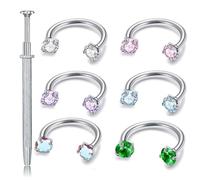 AHTCPO Piercing Al Naso A Ferro di Cavallo con Zirconi Multicolor, Doppio Perno Gemma, Orecchini Cerchio In Acciaio, per Il Trago, Gioielli(Silver,1.0 * 12mm)