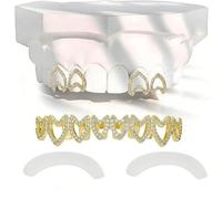 AHTCPO Set di Gioielli Dentali Sole-Luna-Stella-Cuore Placcato in Oro - Gioiello Dentale Rimovibile a Clip Iced Out con Zirconio per Uomini e Donne(Gold,Set B)