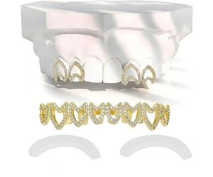 AHTCPO Set di Gioielli Dentali Sole-Luna-Stella-Cuore Placcato in Oro - Gioiello Dentale Rimovibile a Clip Iced Out con Zirconio per Uomini e Donne(Gold,Set C)