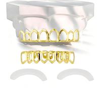 AHTCPO Set di Grillz a Viso Aperto Stella Cava Placcato in Oro - Denti Superiori e Inferiori Gioiello Dentale Rimovibile con Barre Modellatura(Eight teeth Gold,Set)