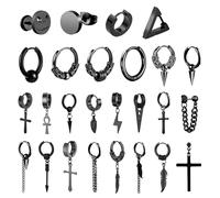 AHTCPO Set di Orecchini A Cerchio In Acciaio Inossidabile con Ciondolo Forma Croce, Piuma, Catena Sfere Punte, Stile Punk, Hip Hop e Rock(Black)