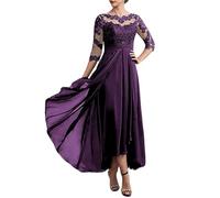 AHUFGN Abito Cerimonia Donna Abiti da Sera in Chiffon con Scollo a V, Maniche Corte e Schiena Scoperta, Abiti for la Madre dello Sposo(Purple,14)