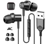 AIAUXAI Auricolari USB cablati con microfono per PC Computer, USB-A | Auricolari in-ear con cavo USB, con microfono e controllo audio, per computer portatili HP, Dell, Acer, per lavoro, ufficio