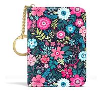 Aiawoxc Porta carte di credito da donna, piccolo portafoglio RFID in pelle sottile per biglietti da visita con cerniera e portachiavi, Fiori eleganti