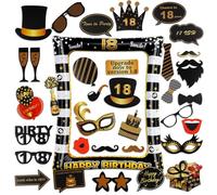 AIBAOBAO Photo Booth Compleanno 18 anni, 34 Pezzi Foto Props per Feste e Compleanni con Grande Cornice Gonfiabile per Selfie Nero Oro, Spiritosi Fai da Te Gadget 18 anni Ragazza Ragazzo per Invitati