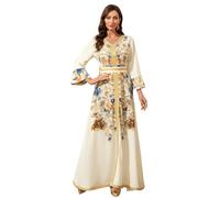 Aibaowedding Abiti musulmani Donne Abito da sera Dubai Stile Caftano Robe Full Lunghezza Ricamo Stampa Floreale Islamico Turco Marocchino Abiti Da Sera Di Nozze, bianco, L